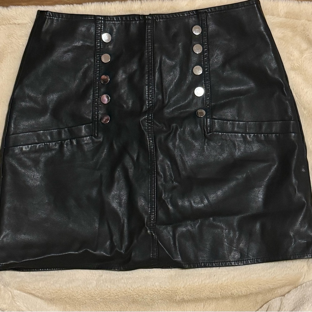 Black Faux Leather Skirt with Button Detail